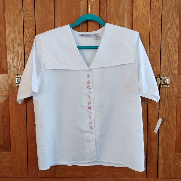 Vintage Karen Scott white embroidered sailor statement collar short sleeve top - Picture 6 of 11